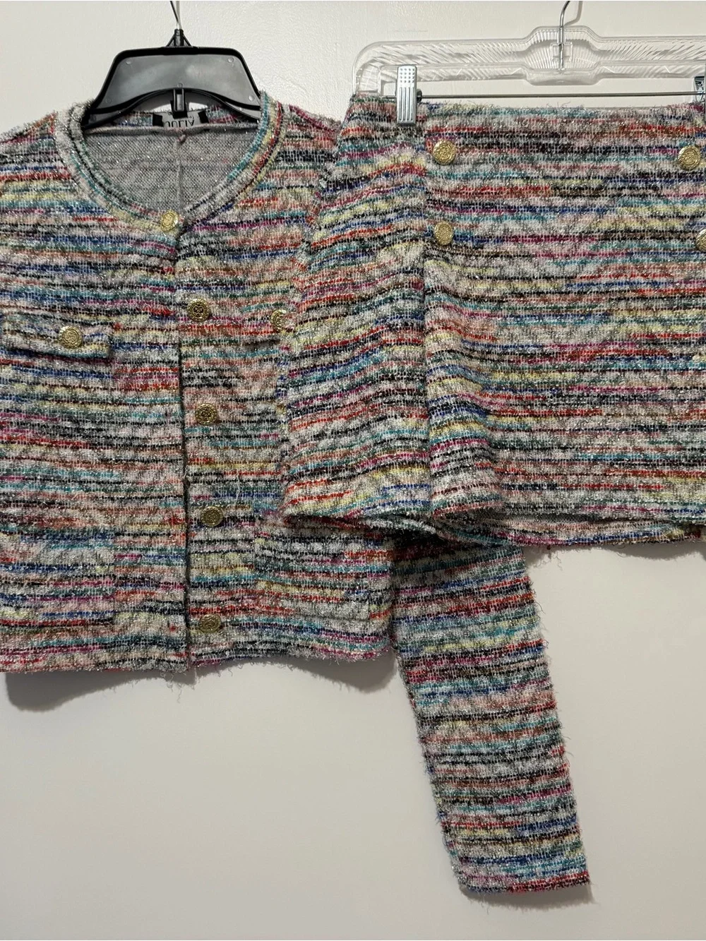 Multicolor Tweed Jacket & Mini Skirt Matching Set - Button Front